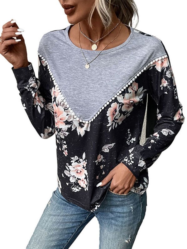New women's long - sleeved color block sweater thin sweater T-shirt - Top